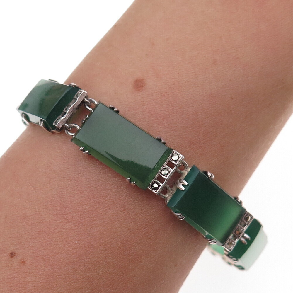 925 Sterling Silver Antique Art Deco Germany Real Agate & Marcasite Bracelet 7"